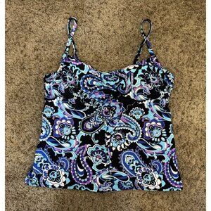 LANDS END Turquoise Black Purple Print Tankini Swim Top Beach Resort Sz 8 Petite